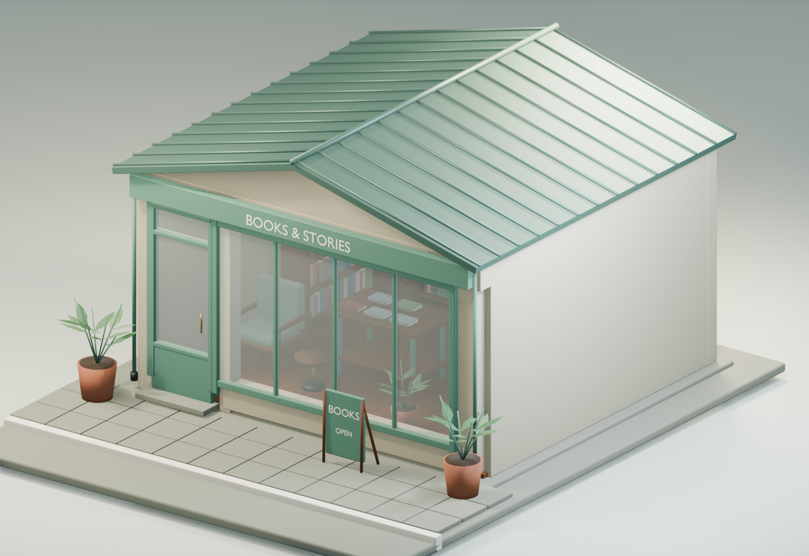 街角の小さな書店の販売モデルを描画した外観